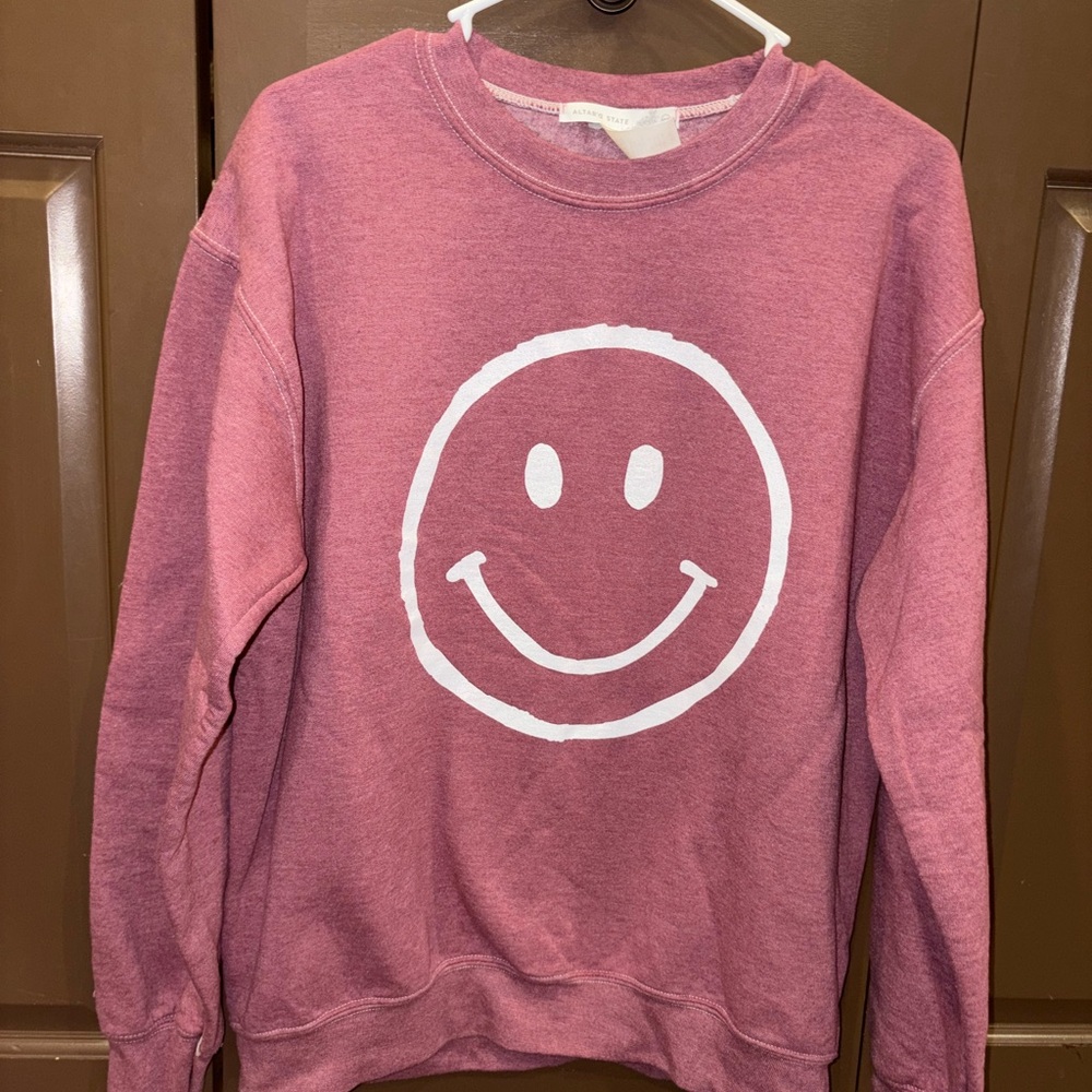 Altar'd State Pink and White Crew Neck Smiley Sweater